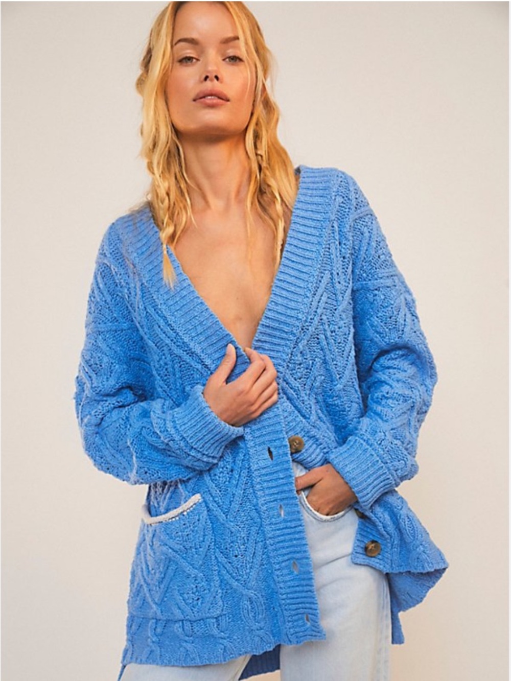 Free People “Montana” cable knit cardigan sweater in marine S